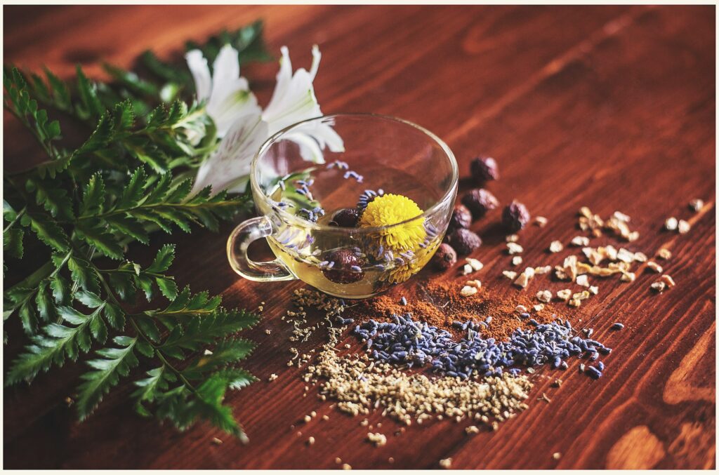 Herbal infusion and fresh ingredients prepared for an Ayurvedic detox programme