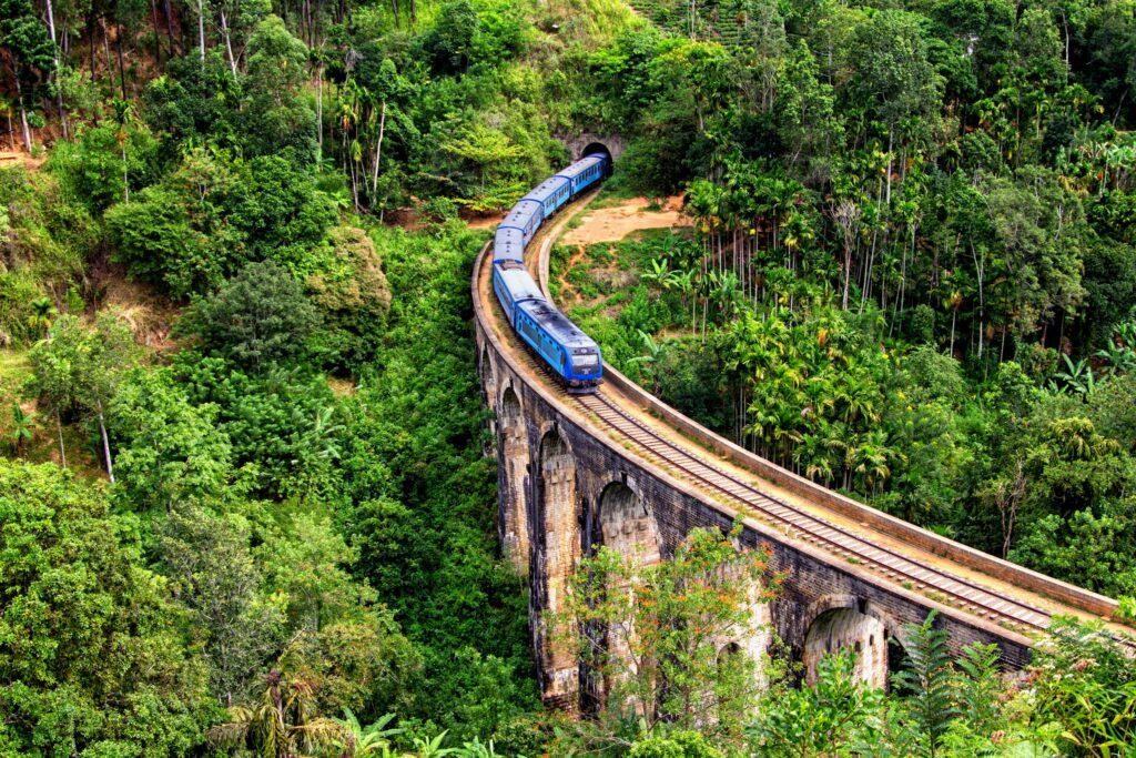 Railway bridge arching through dense green jungle near Ella