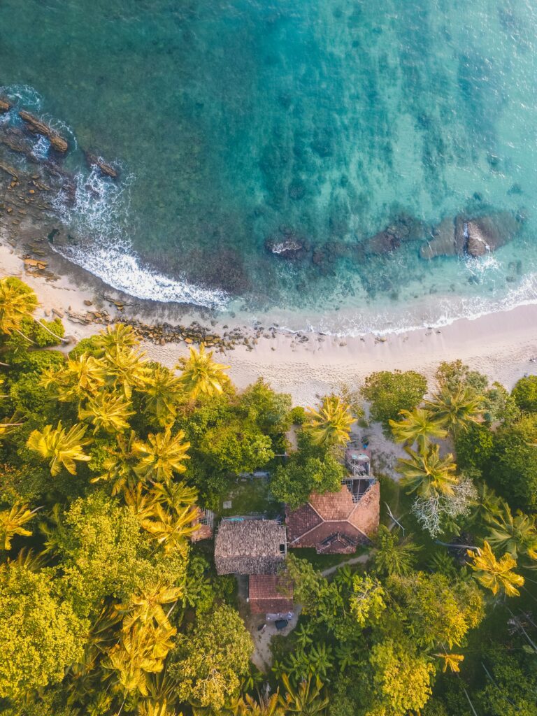 Aerial view of a turquoise cove framed by jungle on the south coast
